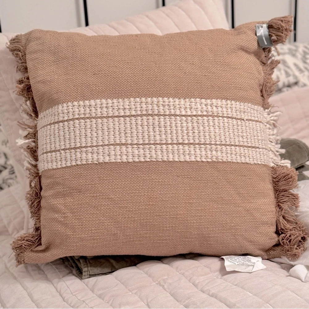 Woven Striped Square Throw Pillow Neutral/Cream: Fringed Trim Studio McGee